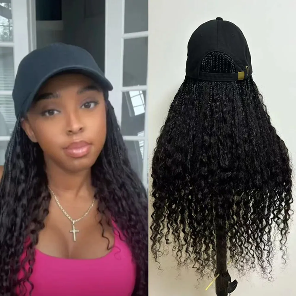 Boho kotak kepang topi Baseball topi Wig rambut manusia Bohemian dengan rambut manusia keriting berakhir ambil dan ekstensi rambut kepang untuk wanita