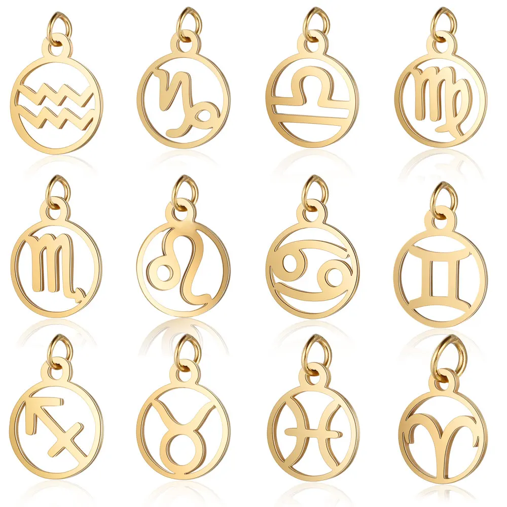 12pcs/lot Stainless Steel Zodiac Charm DIY Constellation Pendants with Jump Ring for Making Jewelry Accessories Wholesale