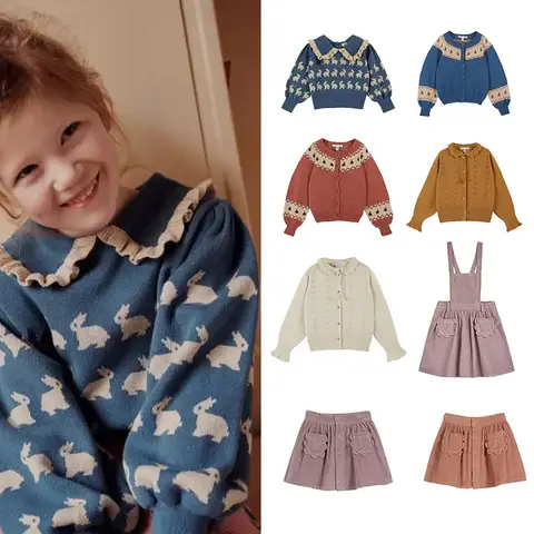 한국 어린이 맨투맨 코듀로이 원피스 스커트 니트웨어 카디건, 어린이 소녀 스웨터, 상의
