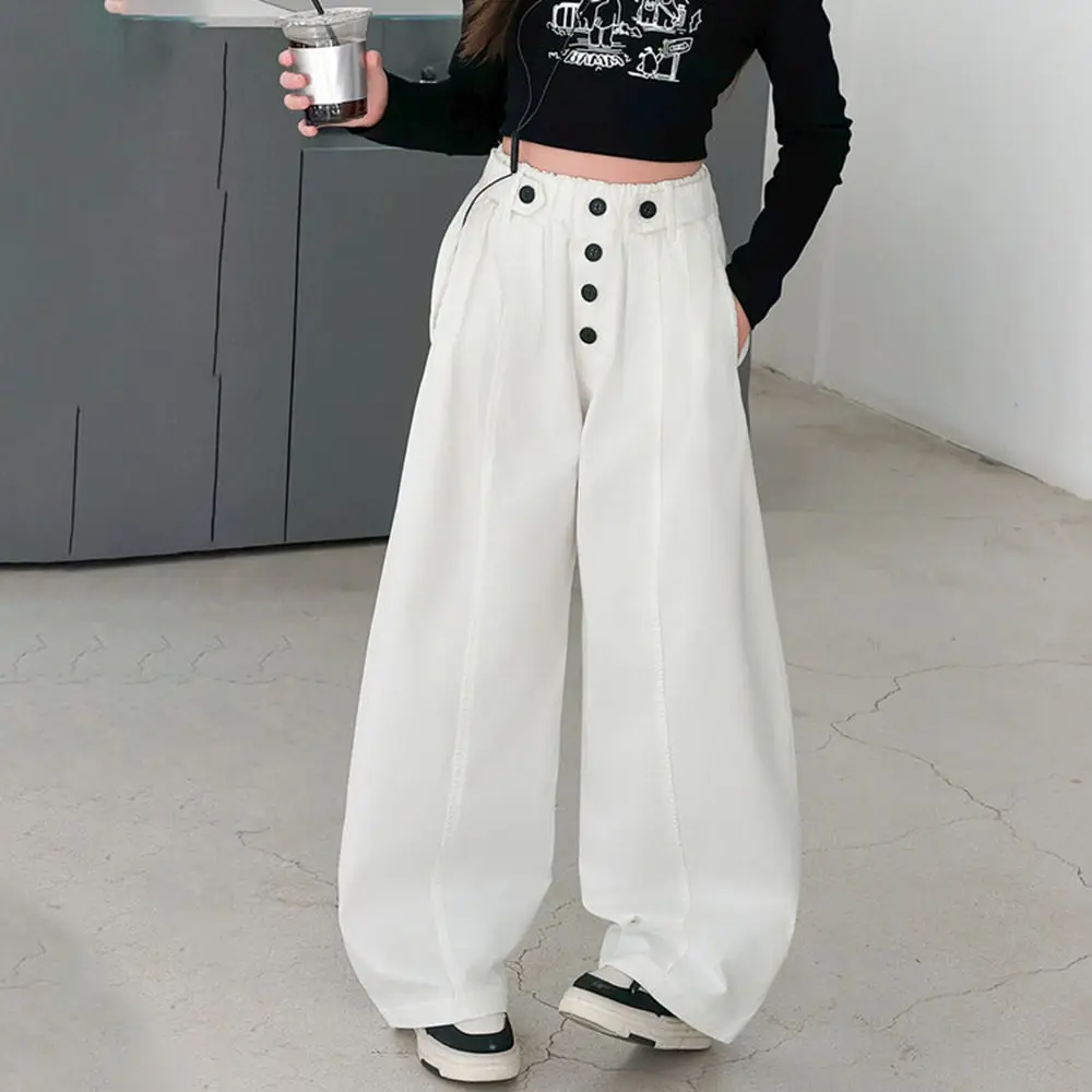 New Girls Cotton Curved Pants Fashion Button Wide-Leg Pants | Spring Versatile Long Pants for Teens 4 6 8 10 12 14 Years