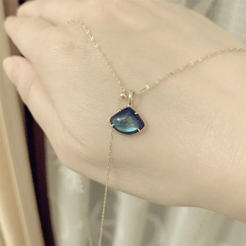 925 Silver Natural Stone Fan Pendant Female Retro Double Sided Elongated Lapis lazuli Necklace Luxury Jewelry Trend