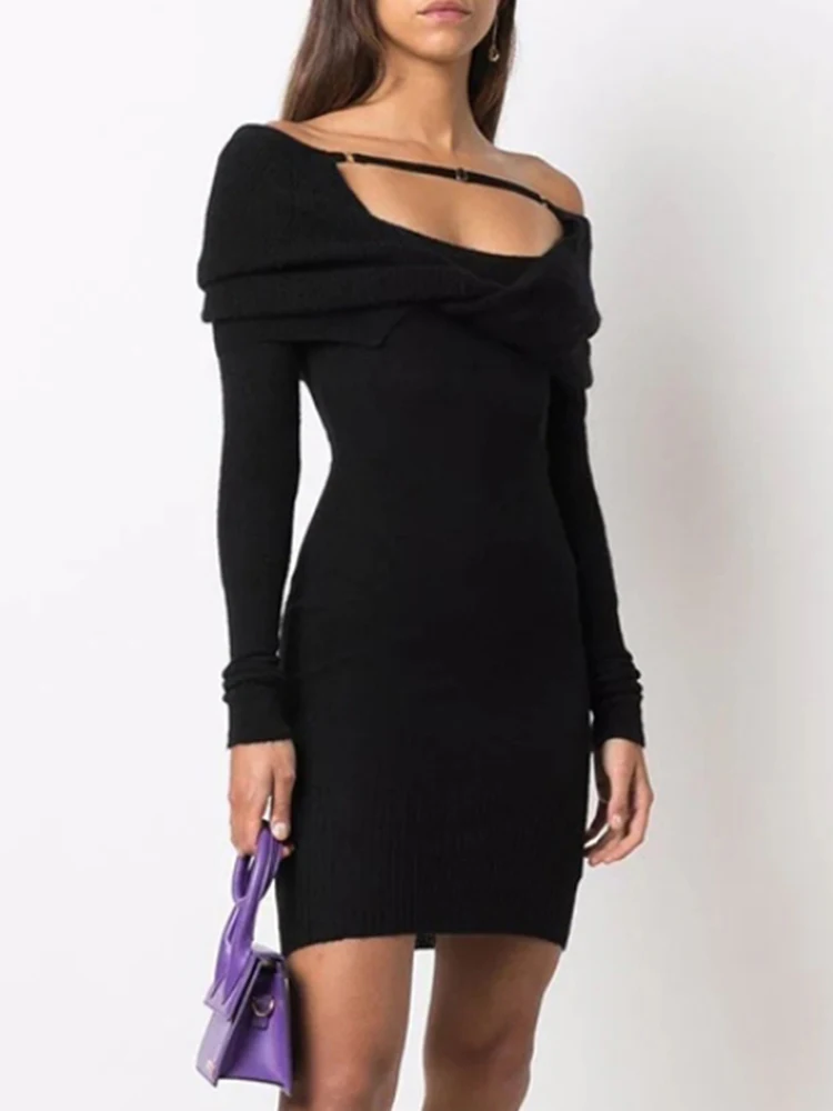 VGH Off Shoulder Slash Neck Long Sleeve Dress For Women High Waist Knitting Skinny Solid Minimalist Mini Dresses Female Clothing