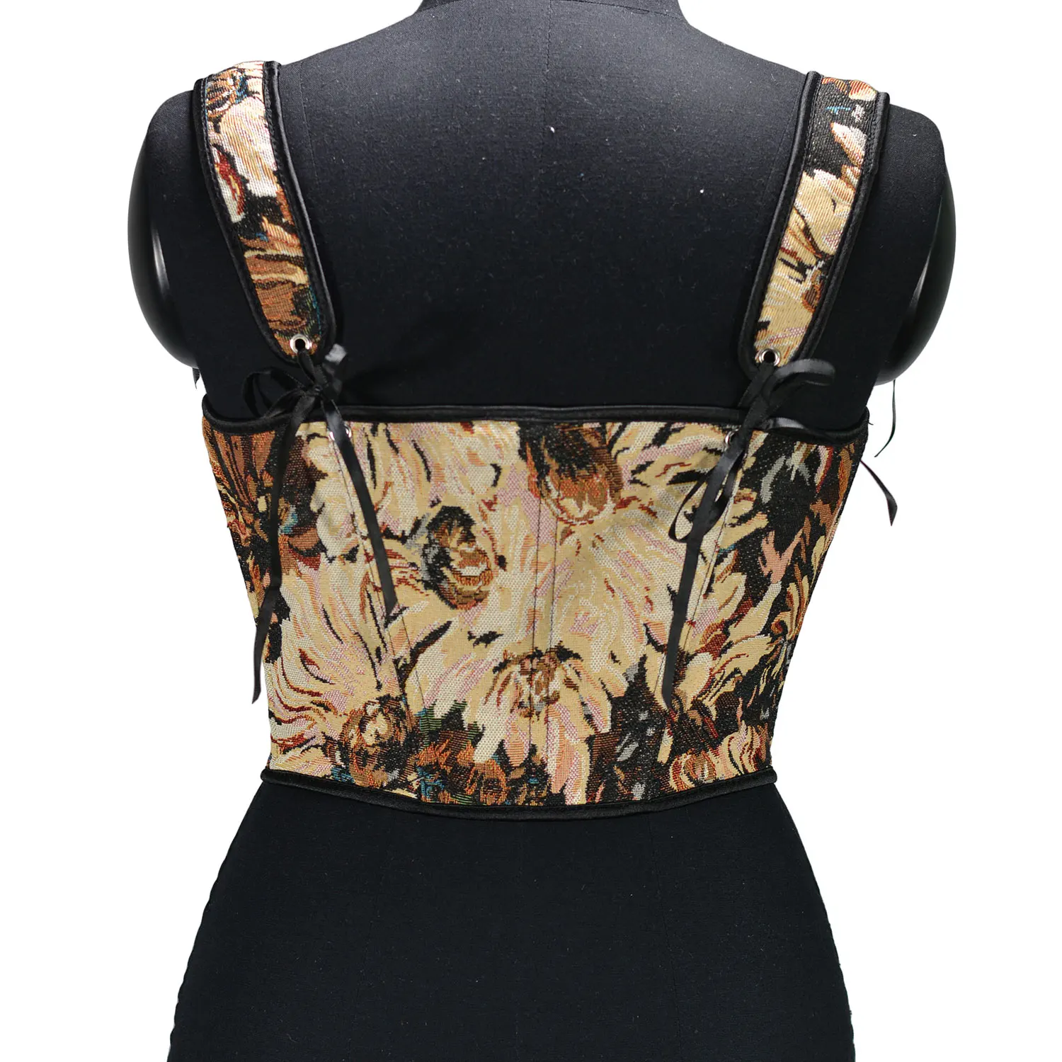 Ink Chrysanthemum Pattern Half Chest Front Lacing Corset Adjustable Straps Waist Training Bodycon Style for Women