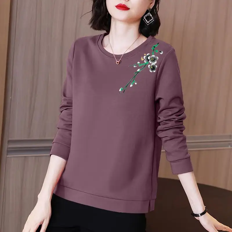 Elegant Fashion Floral Print Solid Color T-shirt Women\'s Clothing Autumn Winter New Casual Long Sleeve O-Neck All-match Tops