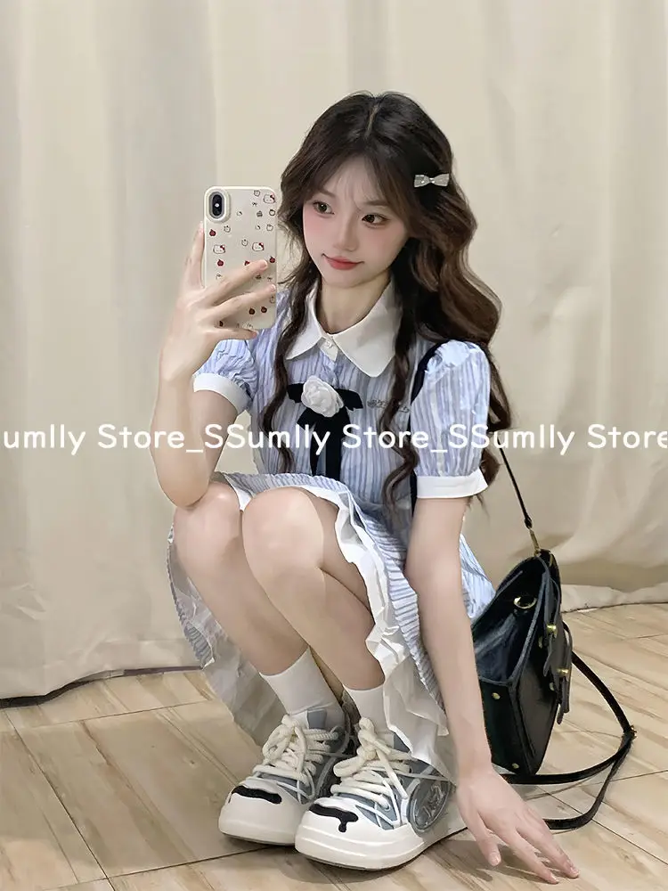 Abito da donna con fiocco in stile college dolce giapponese, abiti eleganti slim a righe blu, ragazza della scuola, collo alto, abbigliamento da principessa 2025 Nuovo