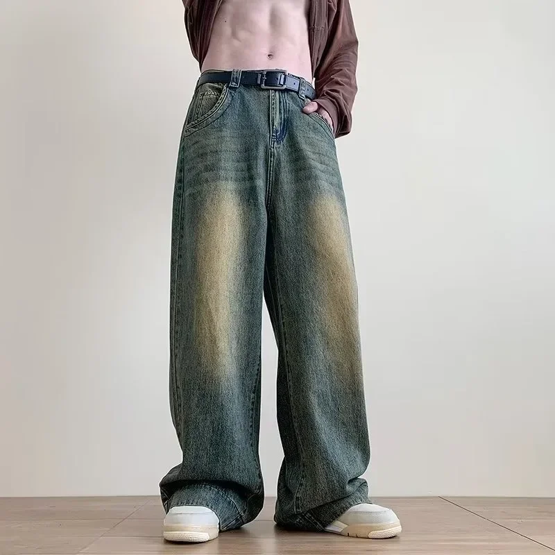 Men Denim Pants Blue Wide-legged Pants Vintage Baggy Trouser Streetwear Design Jeans Casual Solid Spring Autumn