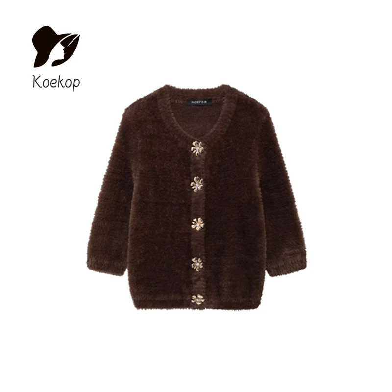 Koekop 2024 Women's Fashion Solid Color Fur Effect Knitted Jacket Vintage Casual Temperament Women's Chic Lady Jacket