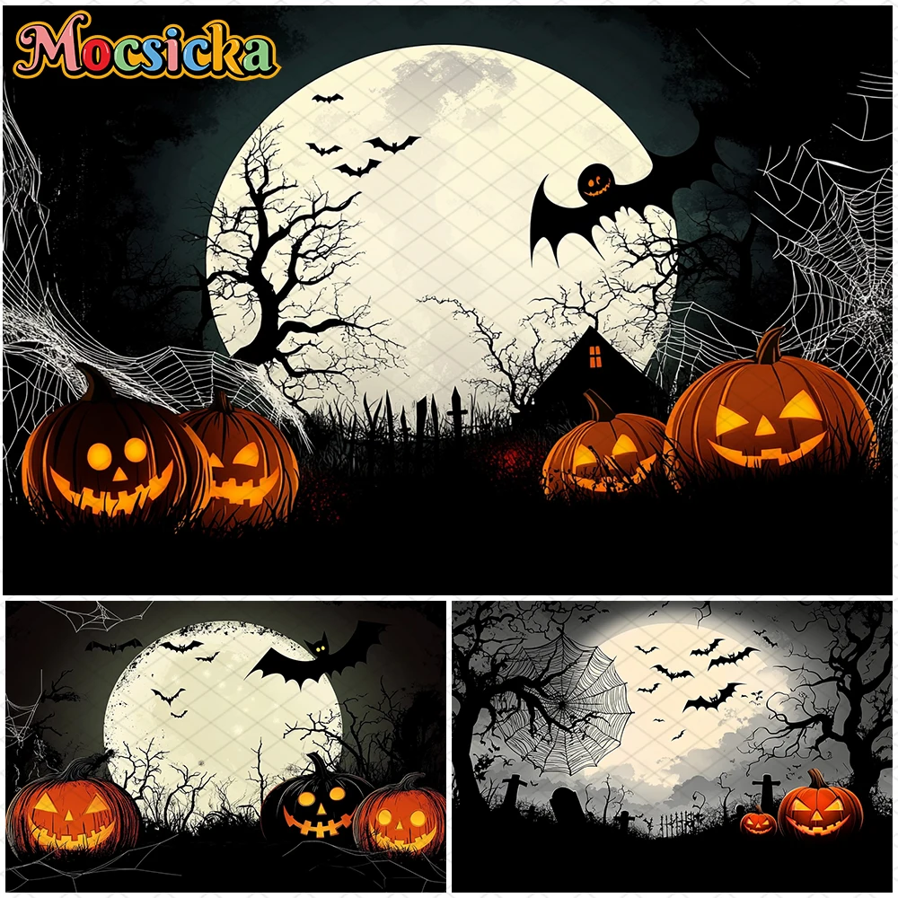 

Mocsicka Halloween Backdrops Night Moon Bat Spider Web Demon Pumpkin Party Decorations Children Photo Black Background Photocall