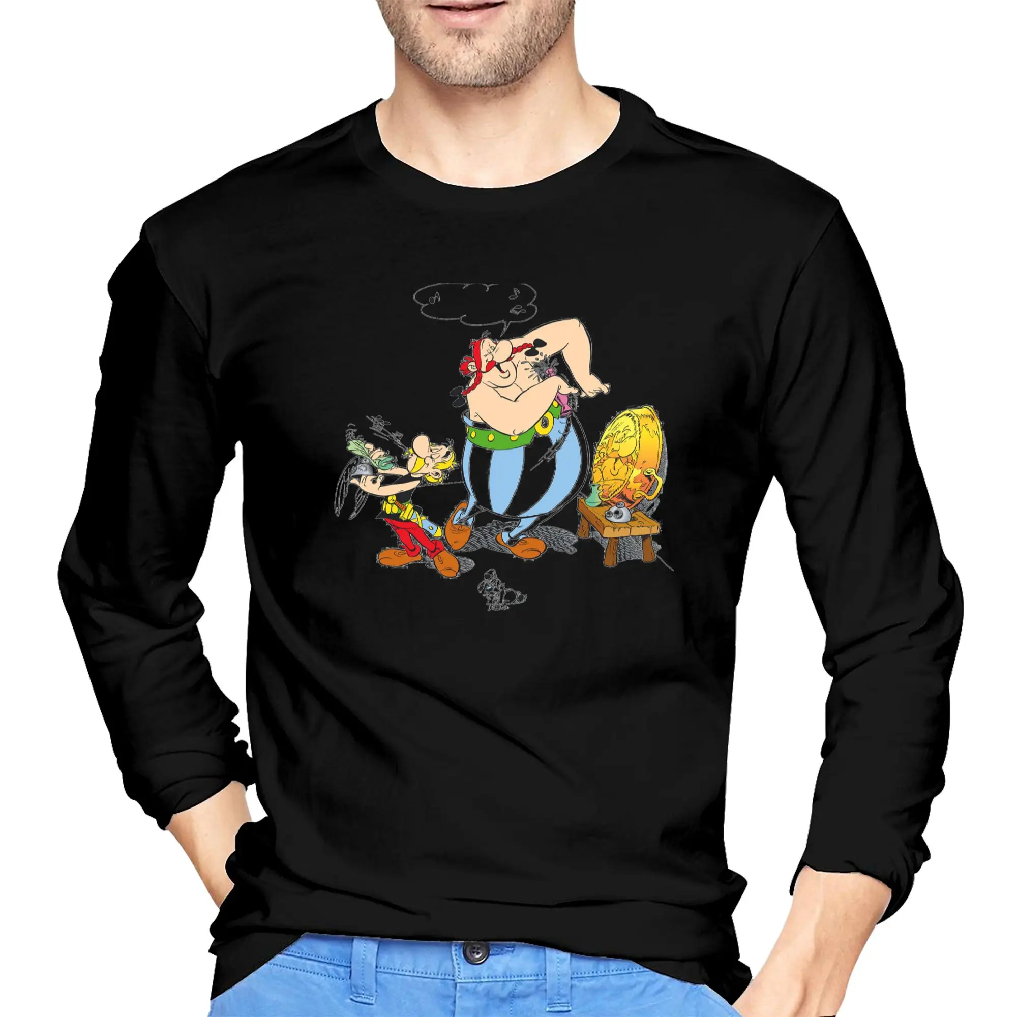 

Asterix And Obelix Dogmatix Men's Long Sleeved T-shirt Breathable Round Neck T shirts Spring and Autumn Men tops