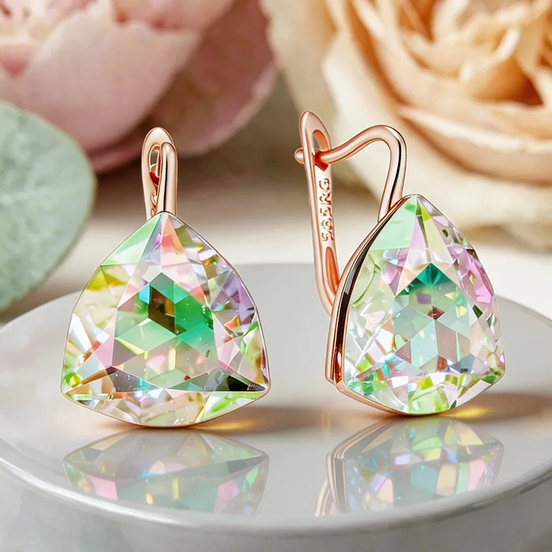 Wbmqda Big Light Green Gradient Triangular Stone Drop Earrings For Women 585 Rose Gold Color Unique 25*13mm Zircon Jewelry Gifts