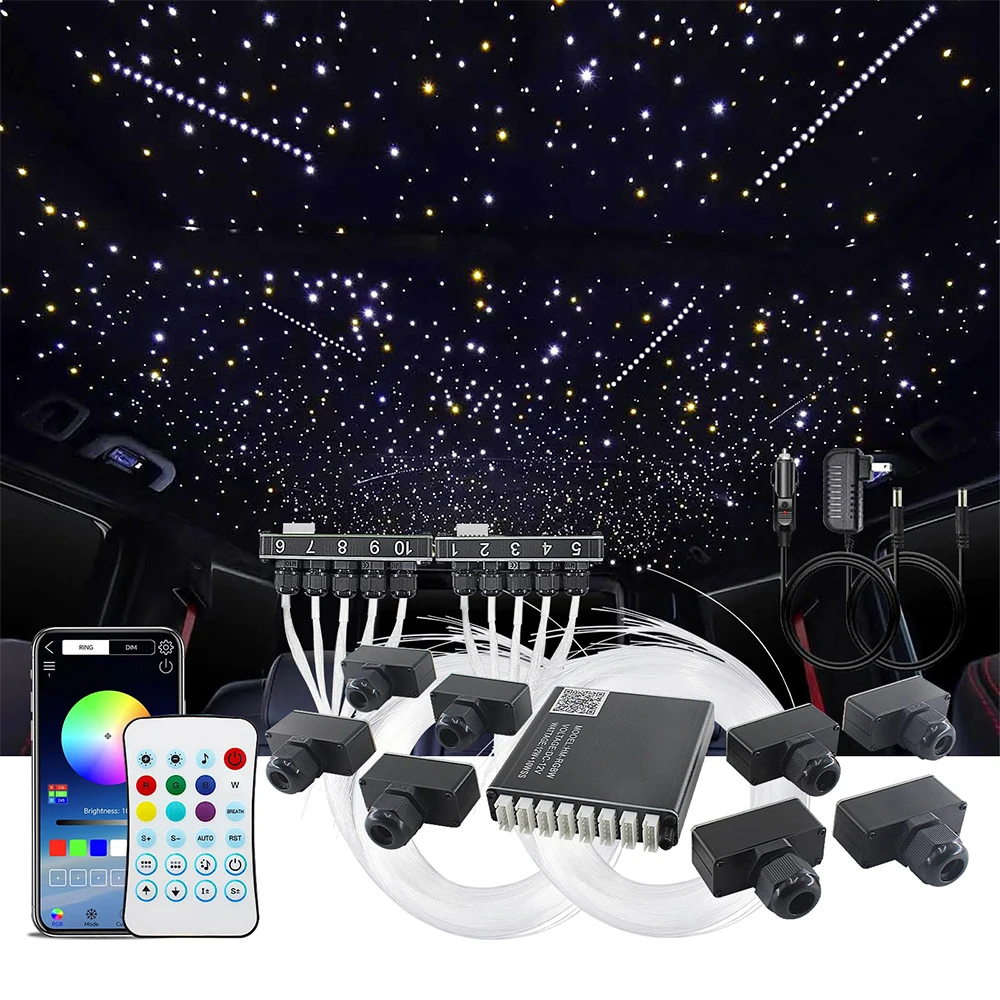 Split Starlight Headliner Kit 6+10 Holes Fiber Optic Light, 1800pcs 0.2in* 4.92ft 22W RGBW Music Effect + Meteor Stars Lights, A