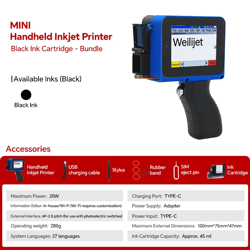 Weilijet Mini handheld inkjet printer 12.7mm，27 languages， Small Business Date Label Printer QR code Logo Batch Number