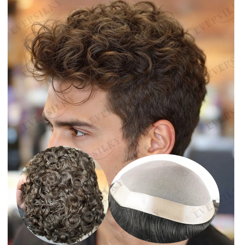 # 4 براون شقراء 20 مللي متر مجعد ريمي الشعر البشري الرجال الشعر المستعار سوبر دائم أرخص أحادية أعلى بولي PU حول رجل نظام الشعر الباروكات