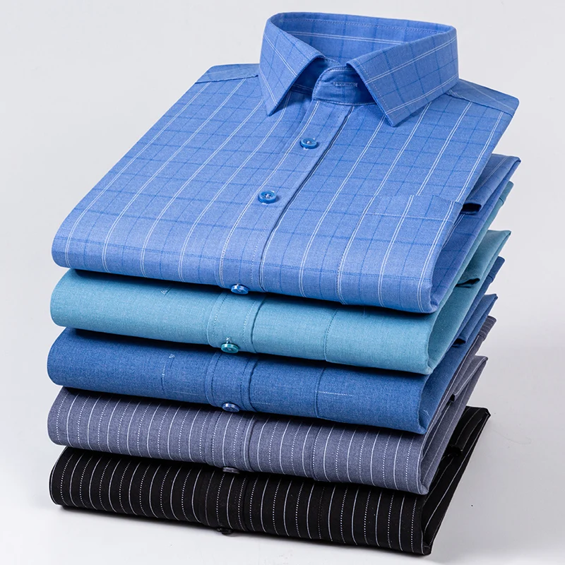 

Мужская полосатая клетчатая рубашка с длинным рукавом против морщин, формальная мягкая модная повседневная деловая карманная офисная рубашка, мужская одежда, S-5XL