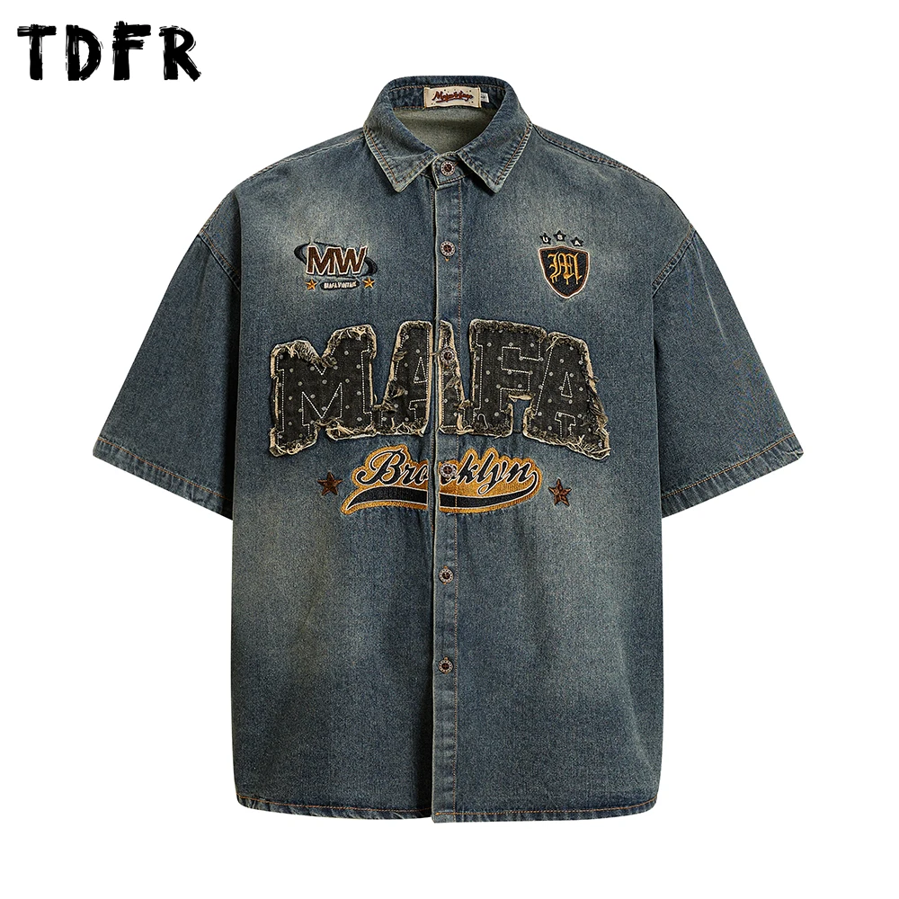 

Мужские летние джинсовые рубашки с вышивкой-аппликацией, винтажные, с эффектом потертости, повседневные, с отложным воротником, на одной пуговице, с коротким рукавом