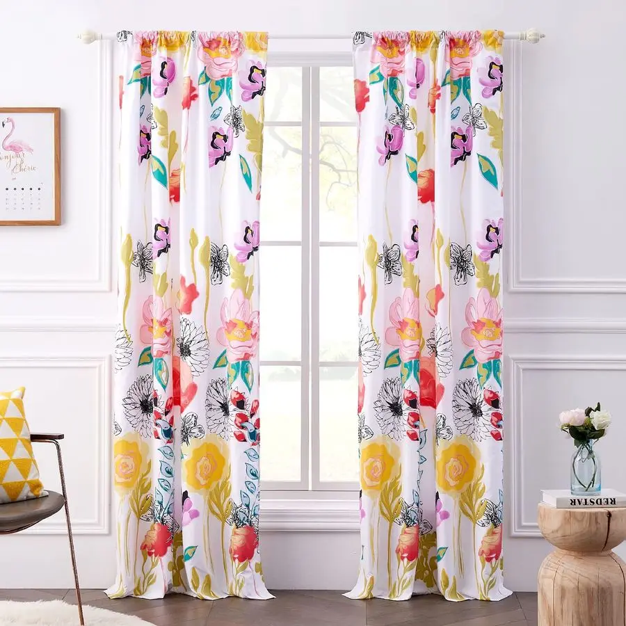 

Home Watercolor Dream Curtains Drapes Lined Panel Pair with tiebacks Set of 2 Panels 84 L White