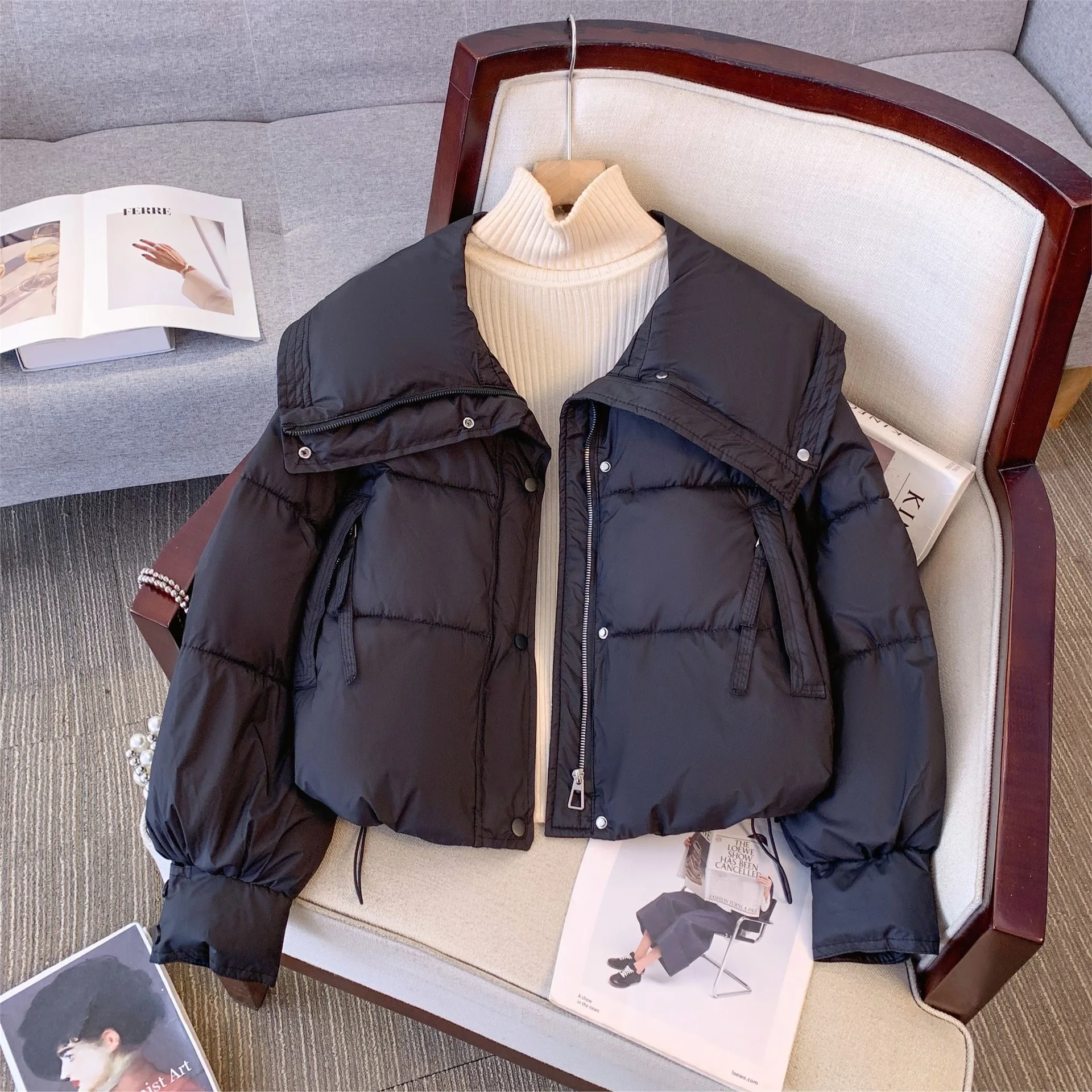 

Новая модная женская стеганая парка 2026 года с отложным воротником, длинными рукавами, свободного кроя, утепленная, повседневная, однотонная