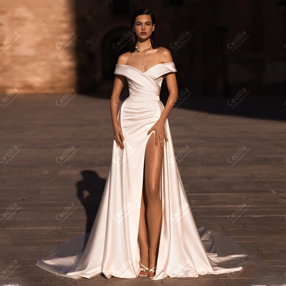 Glamouröse Brautkleider Satin elegante Brautkleider von der Schulter Roben sexy hohen Schlitz rücken frei charmante Vestidos de Novia