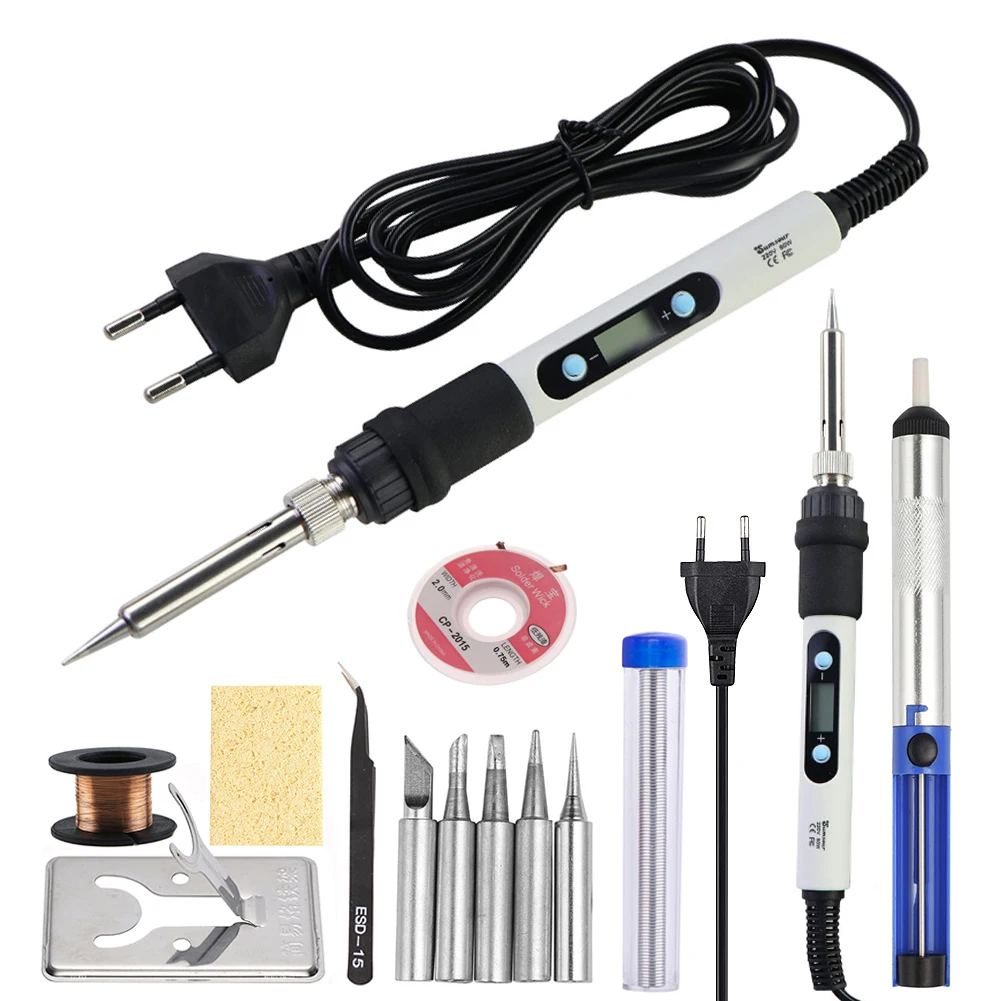 Electric Soldering Iron 80W Adjustable Temperature LCD Welding Tool Ceramic Heater Soldering Iron Head Desoldering Pump Set