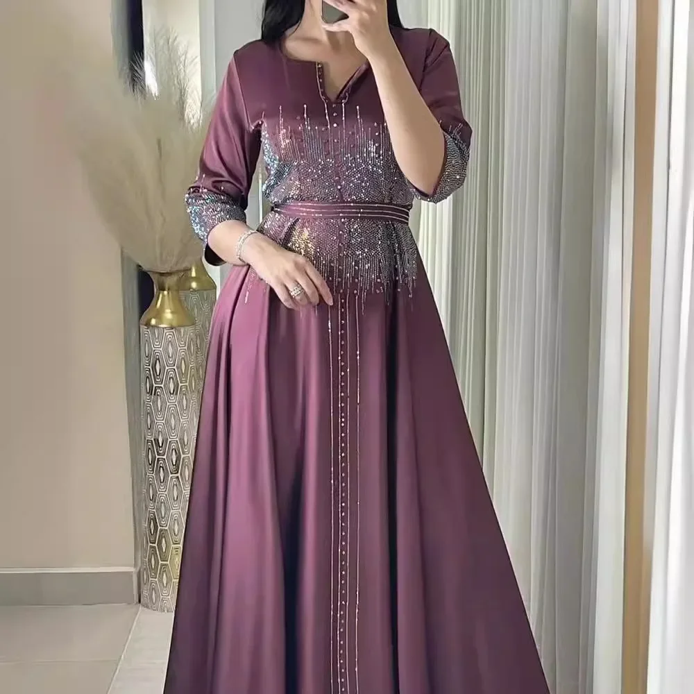 Fashion Diamond Evening Dress Abaya Dubai Muslim Satin Dress for Women Dinner Robe Muslim Dress Women Clothes for Muslim Women