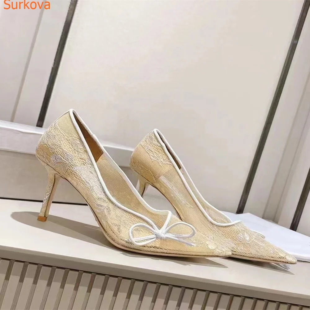 

Mesh Pointed Toe Stiletto Heels Pumps Sexy Party Fashion Summer Spring New Arrivals Slip On Slingback Cover Heel Women Shoes