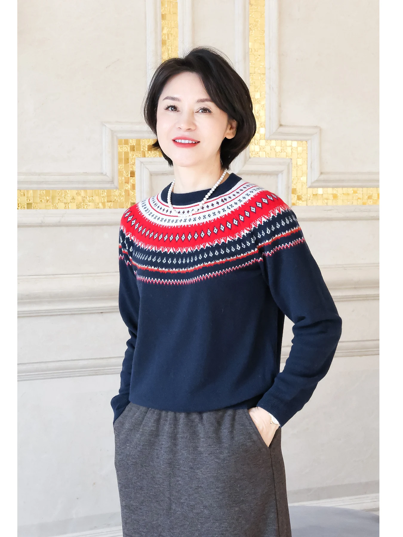 

Вязаный свитер Moro Camere Fair Isle с круглым вырезом и длинными рукавами из шерстяной пряжи для женщин на зимний сезон, стандартный крой