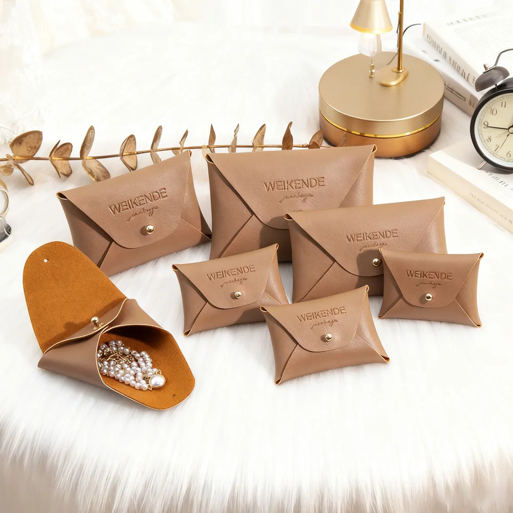 

100Pack Coffee PU Leather Jewelry Storage Bag Fashion Earrings Necklace Ring Buckle Jewellry Packaging Snap Bag Travel Organizer