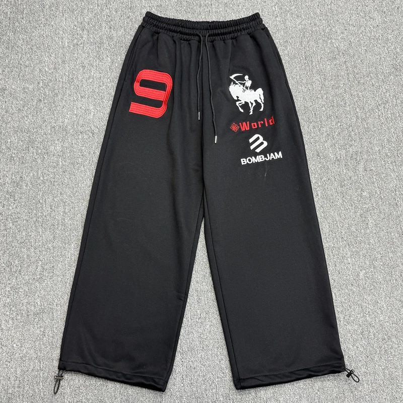 Warhorse Knight Embroidery Digit 9 Label Pants Wide Leg Sweatpants Men Women Casual Loose Hem Drawstring Trousers Tapered Pants