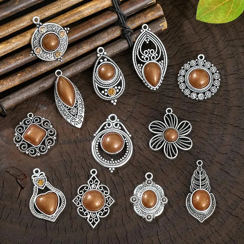Vintage Ethnic Bohemia Stone Setting Pendants For Women Earrings Necklaces Charms For DIY Making Jewelry Accessories