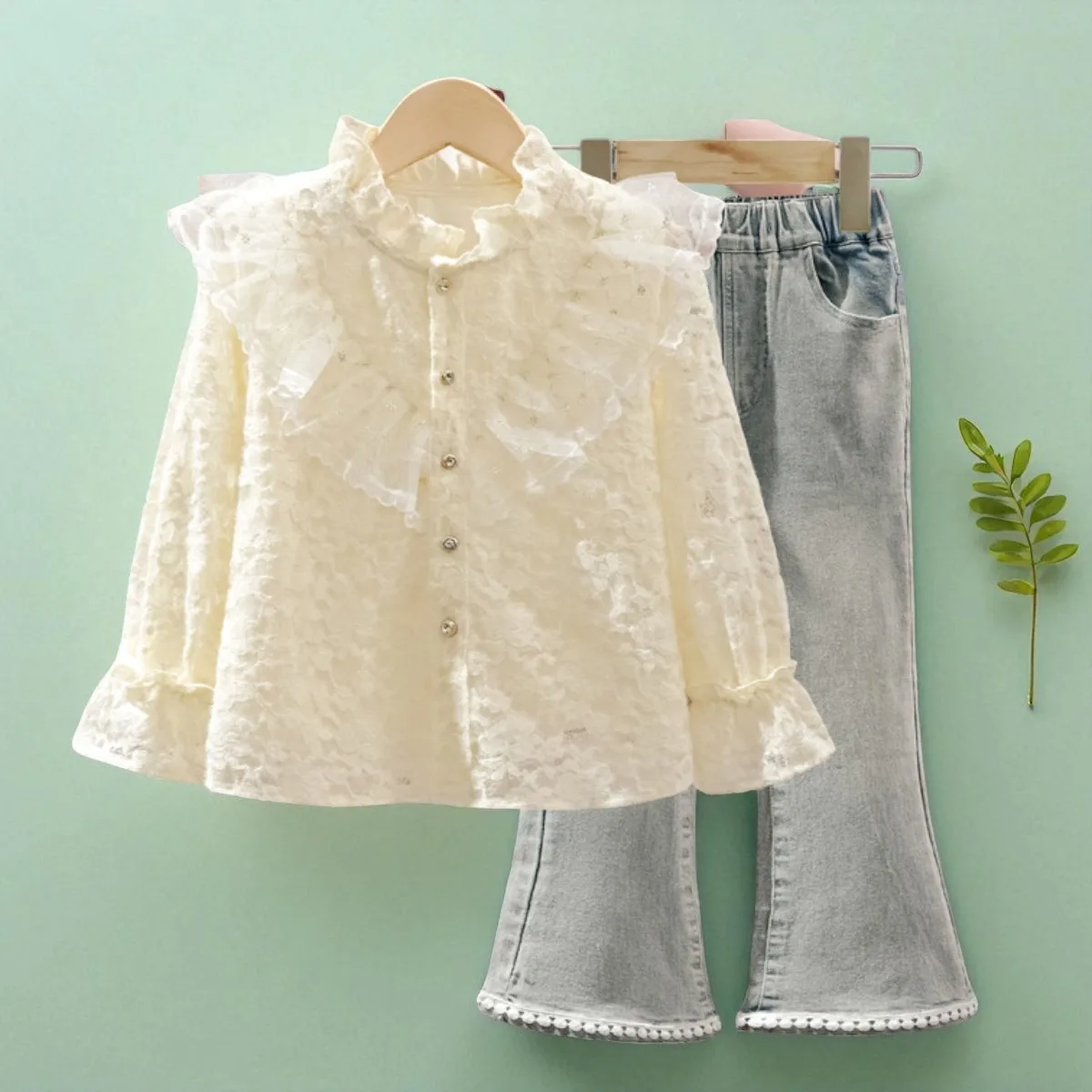 Girls Tracksuit Girls Clothing Set Baby Outfits Suit Beige Lace Shirt & Jeans 2pcs Teens School Uniform Kids Costumes 4-12 Years