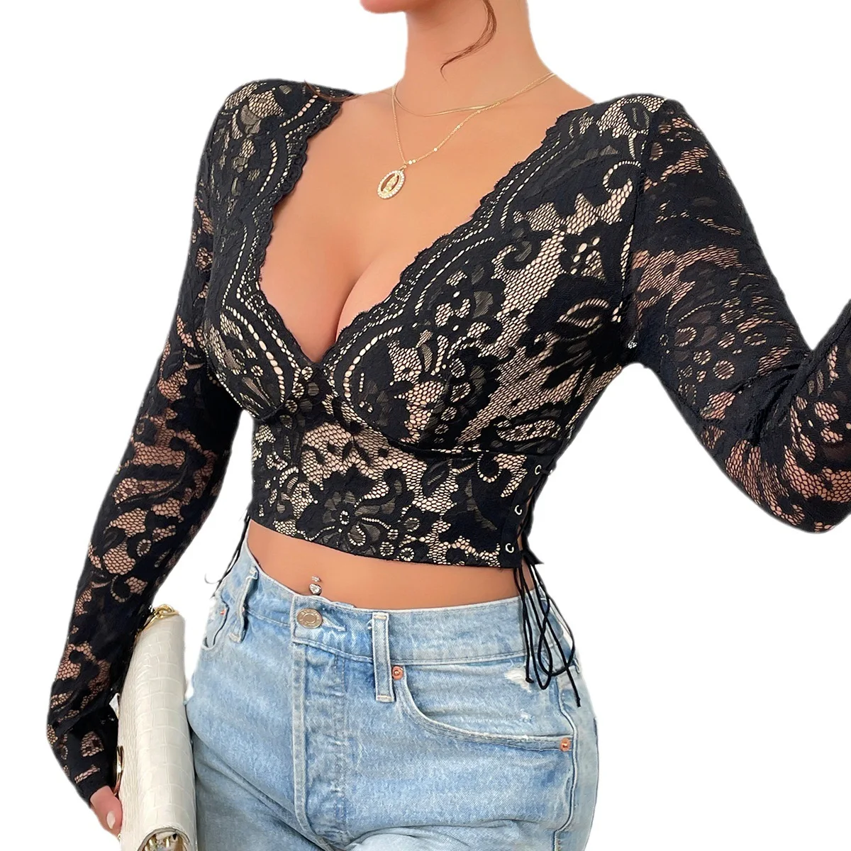 Women's Dress New Sexy Hollow Lace Splicing V-neck Long-sleeved Lace-up Top for Women