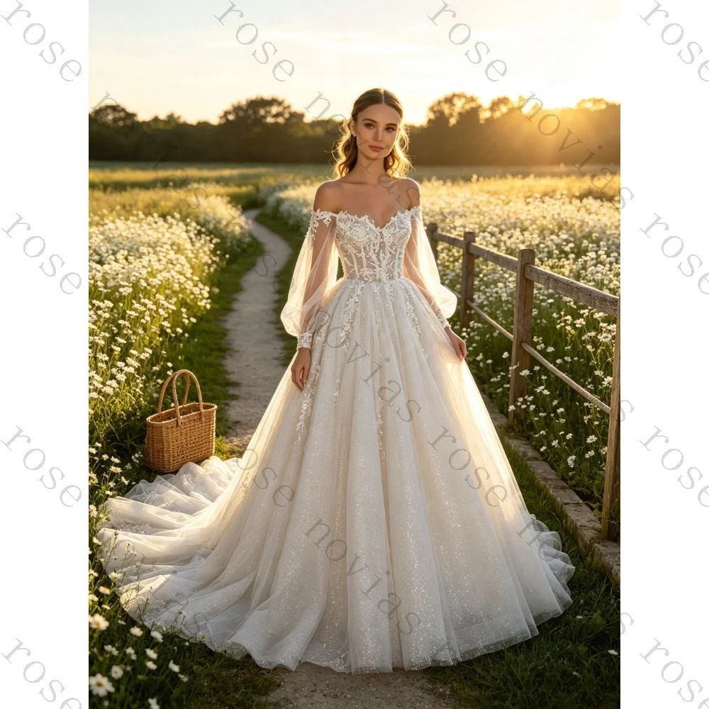 Customized Luxury Lace Off Shoulder Wedding Dress Bubble Sleeves Shiny Fluffy Chiffon Princess Ball Dress Suitable for Parties