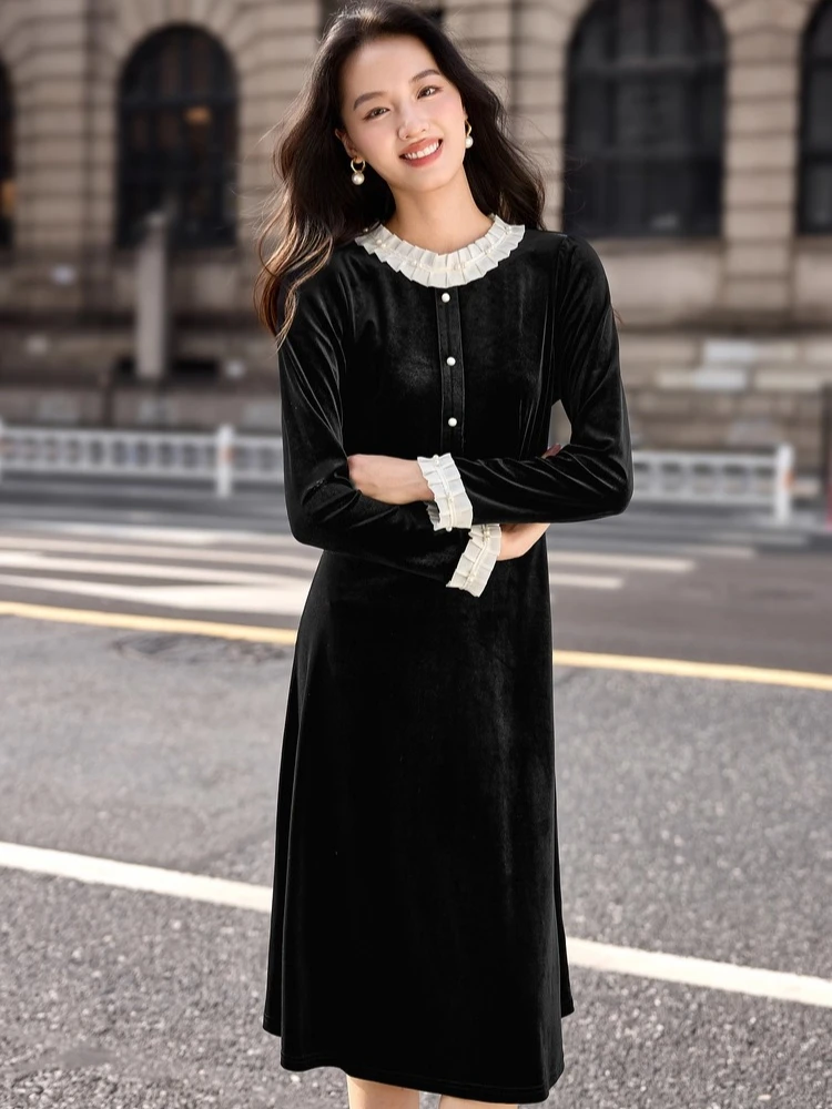 

SENTUBILA Women's Velvet A-Line Dress 2025 Autumn Winter Elegant Style Party O-Neck Pearl Buttons Contrast Color Dress W54LI3353