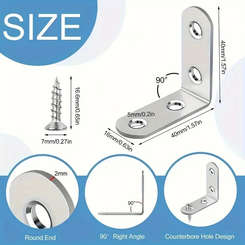 Stainless Steel L-Shaped Corner Bracket Set, 90-Degree Right Angle Bracket with Screws, Suitable for Wooden Shelves, Chairs, Dressing Tables, and Furniture Assembly