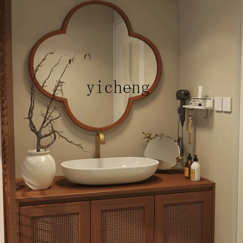 ZF Rattan Bathroom Cabinet Combination Antique Style Washstand Cherrywood Color Plum Mirror Bathroom