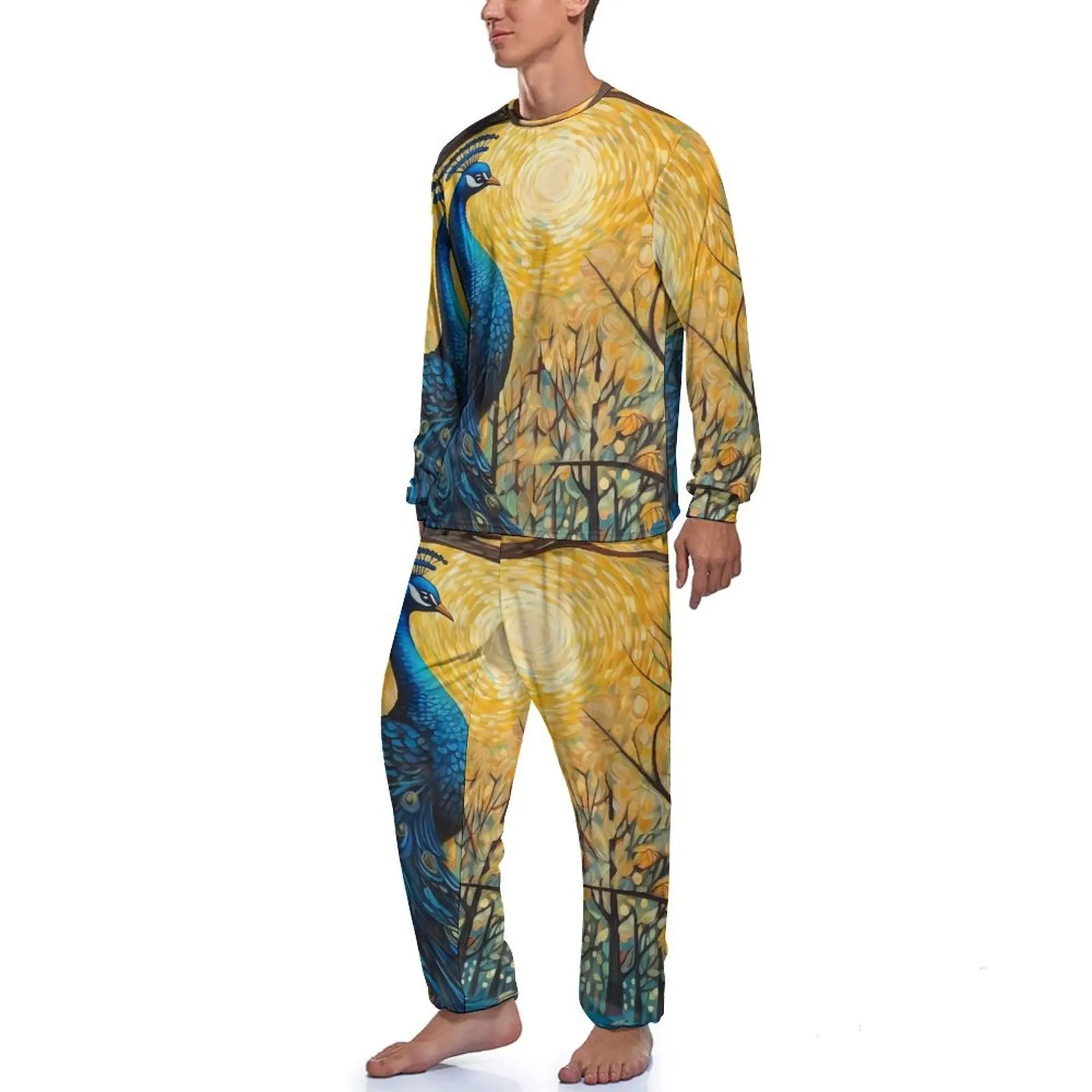 Fantasy Painting About Peacock Pajamas  Man Long-Sleeve Kawaii Pajama Sets 2 Piece Leisure Daily Printed Sleepwear Birthday Gift