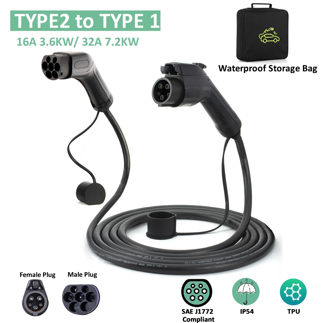 7KW EV Charging Cable Type 2 to Type 1 32A 5 Meter Cord Male to Female Plug for Electric Car Charger Station + Storage Bag