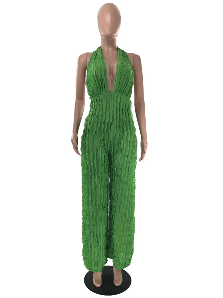 Wmster ジャンプスーツ女性のセクシーなパーティークラブロンパースフリルホルター背中の開いたノースリーブワイドレッグ遊び着新卸売ドロップシッピング