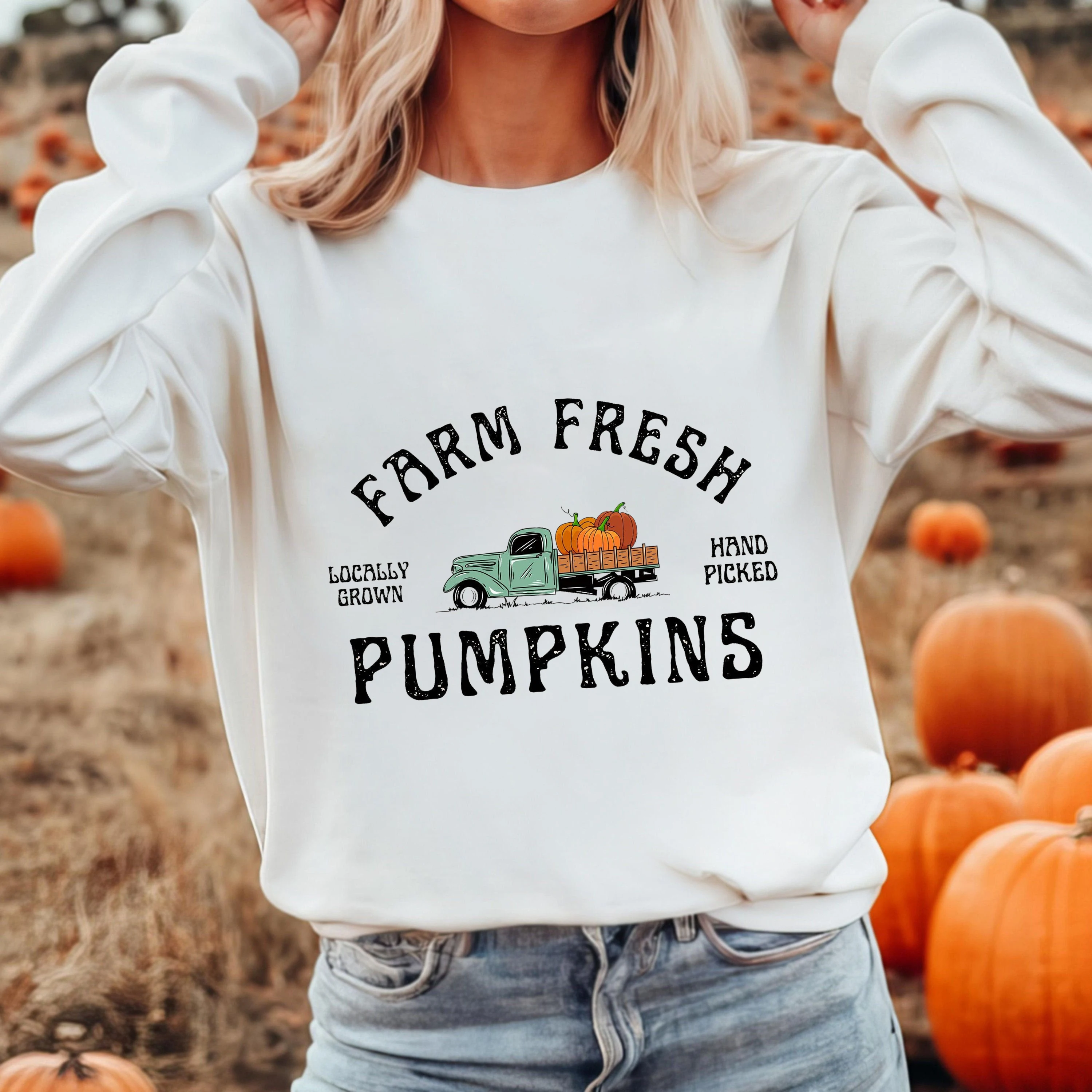 Farm Fresh Pumpkins Fall Women Sweatshirt Thanksgiving Sweater Fall Pumpkin Tee Autumn Halloween Women Sweater Outfits