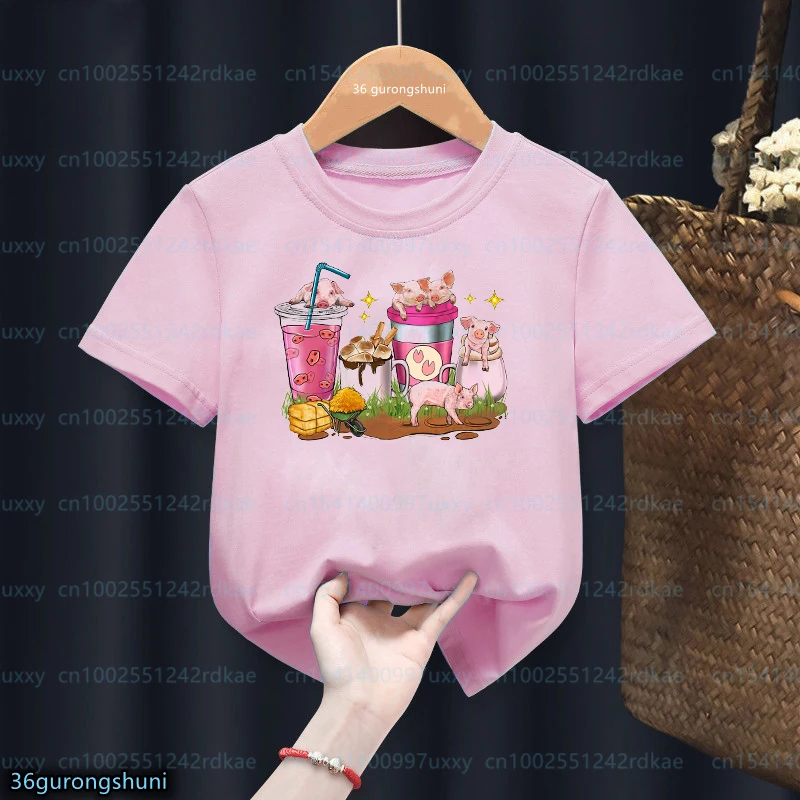 

T-shirt for girls Autumn Milk Tea Cartoon Animal Print Girls' Clothes Summer Short Sleeve Pink Shirt Cute kids Clothing tshirts