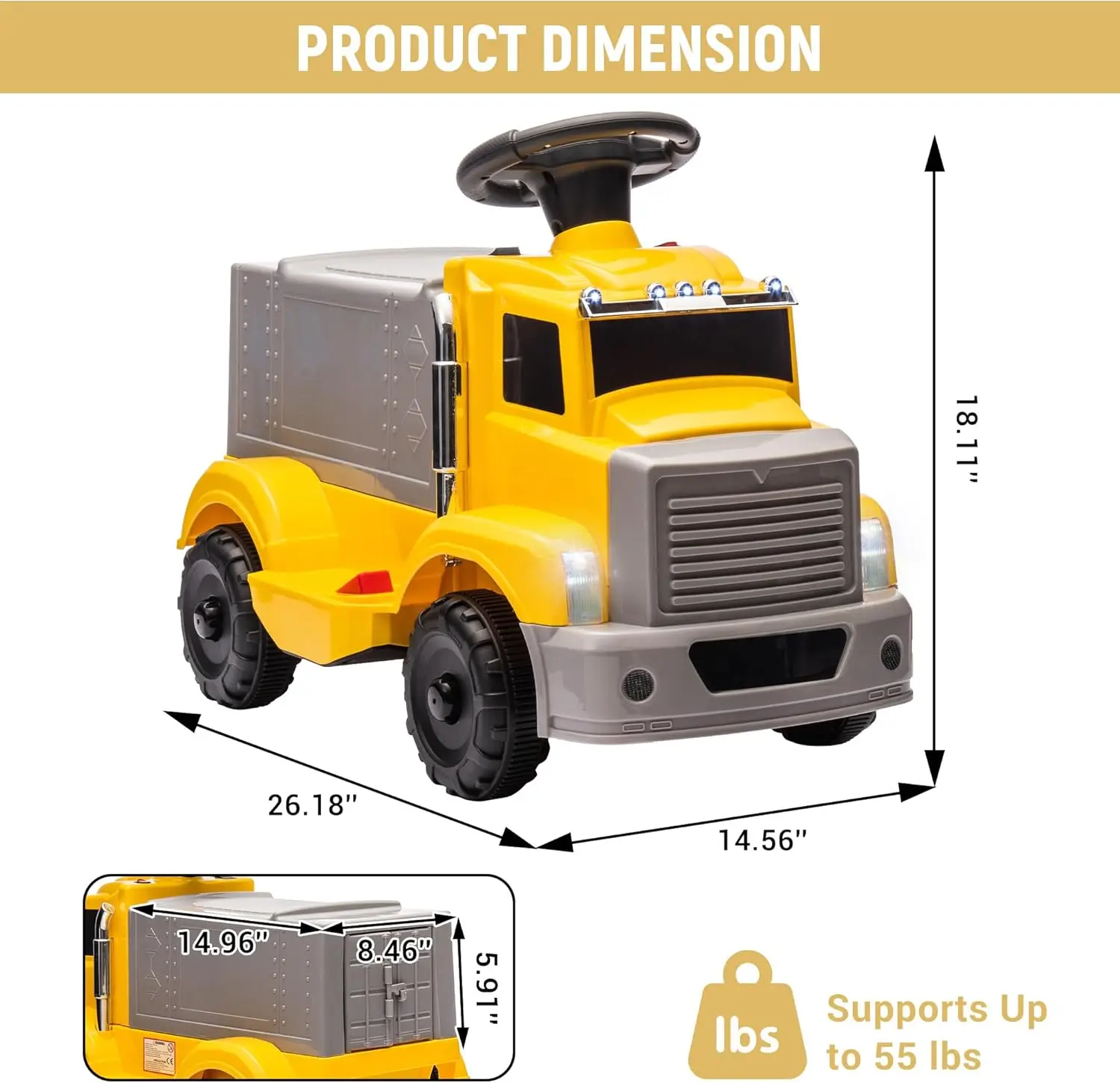 Camion électrique 6V pour tout-petits, avec rangement spacieux, musique, lumières LED, batterie Rechargeable, bouton de démarrage facile