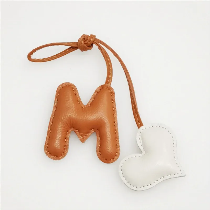 

Shining U Lambskin Genuine Leather Letter M Heart Keychain for Women Men Handsewn Fashion Accessory Bag Charm Gift