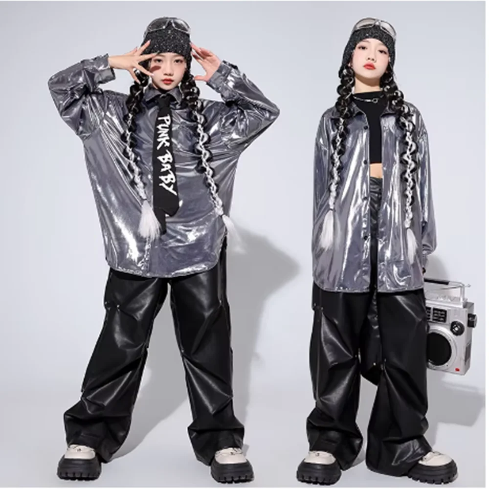 Costume da ballo jazz per ragazze Bambini Hip Hop Camicia argento Gilet nero Pantaloni in pelle Abbigliamento da ballo di strada Sfilata di moda Abbigliamento da palcoscenico YJ008