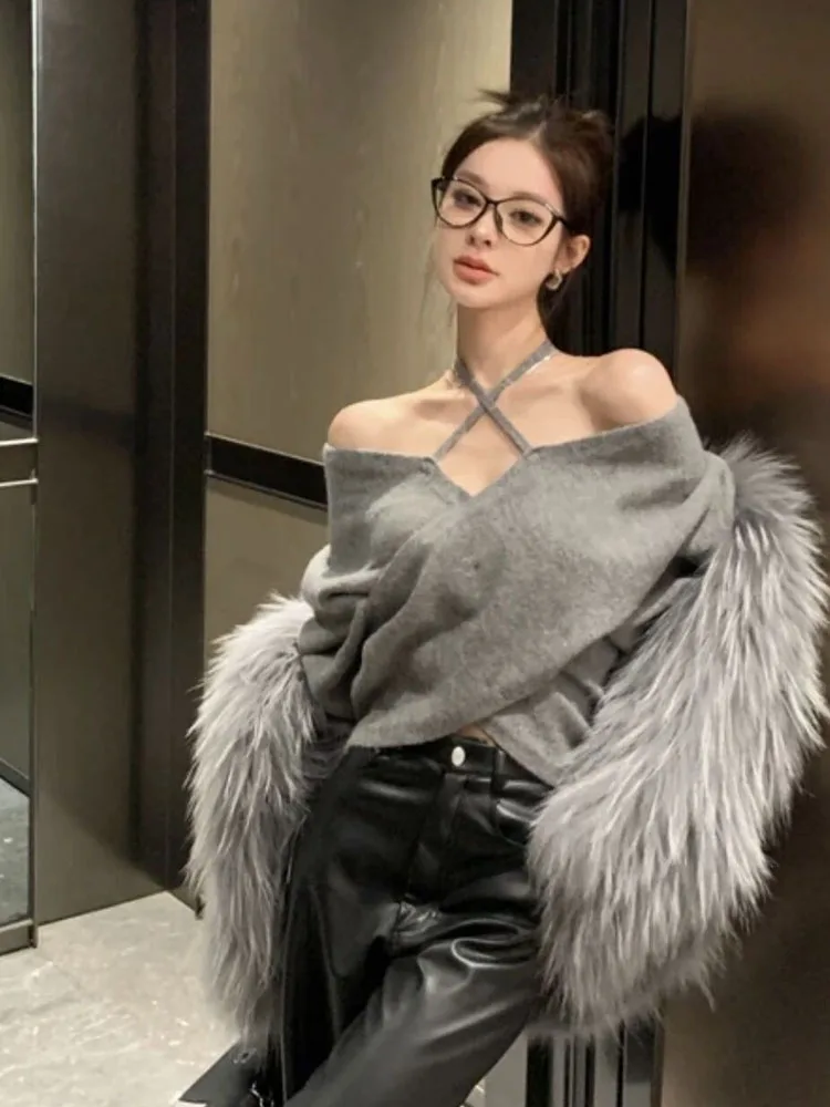 Fashion Sexy Off Shoulder Sweater Autumn Long Sleeve Women Grey Slim Halter Top French Style New Elegant Cross Design Pullover