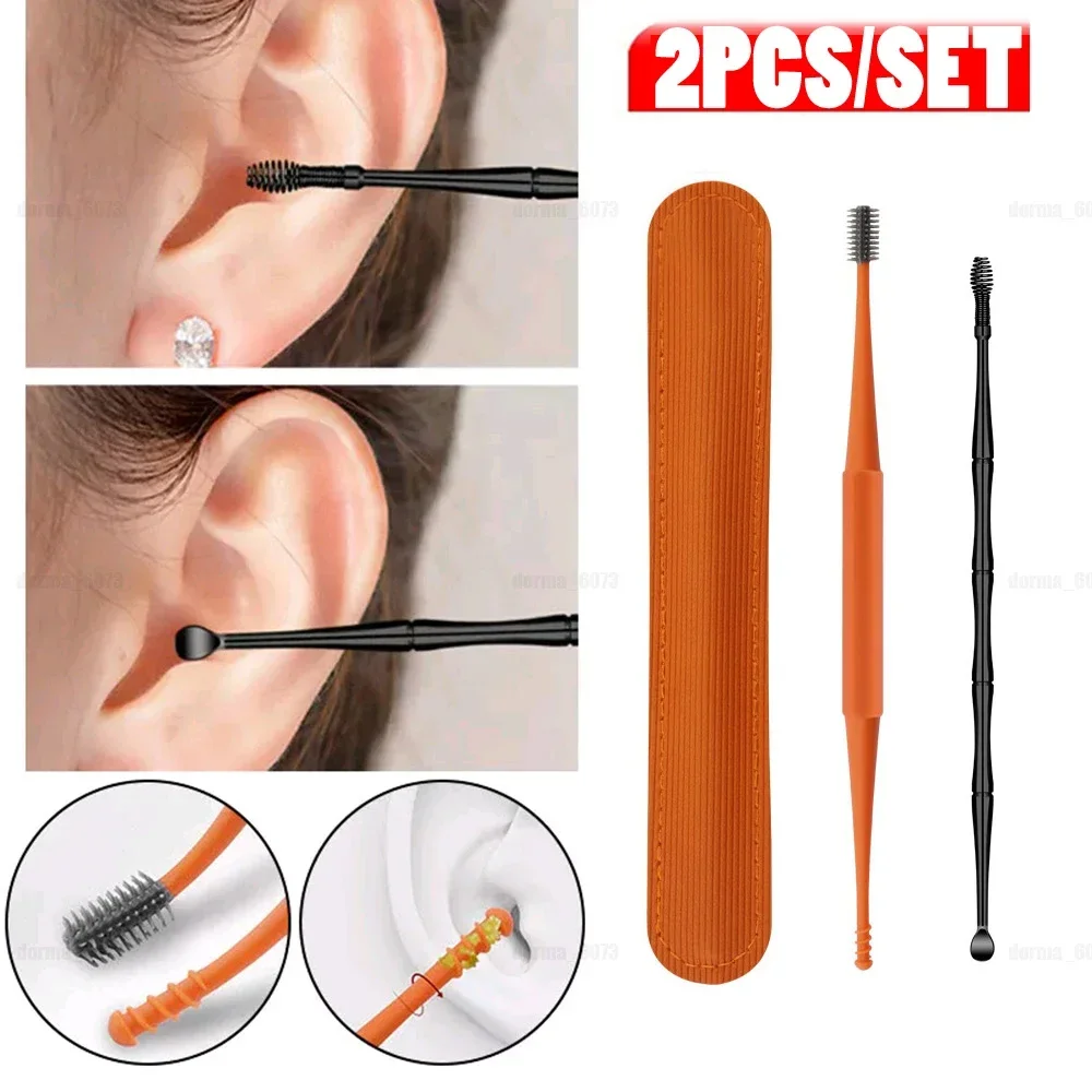 2PCS Ear Wax Removal Tool Ear Cleaning Sticks Earpick Remover Silicone Ear Pick Double Head Cleaner 360° Spiral Swab