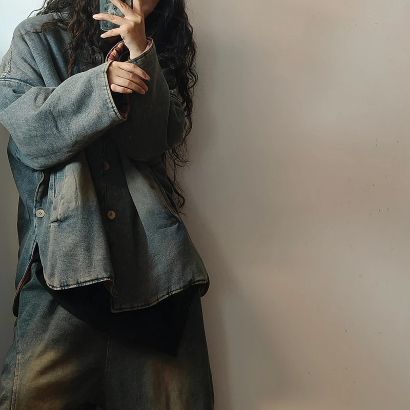 Neue Ankunft Winter Frauen Oansatz Einreiher Lange Ärmel Verdickt Parkas Lose Beiläufige Gute Qualität Baumwolle Denim Mäntel Y129