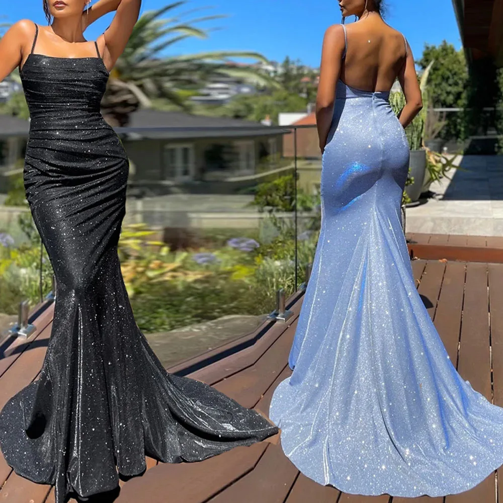 Luxury Glitter Sequins Prom Dress Sexy Mermaid Women's Evening Dresses Slim Backless Party Maxi Dress Stretch Floor Length Gowns