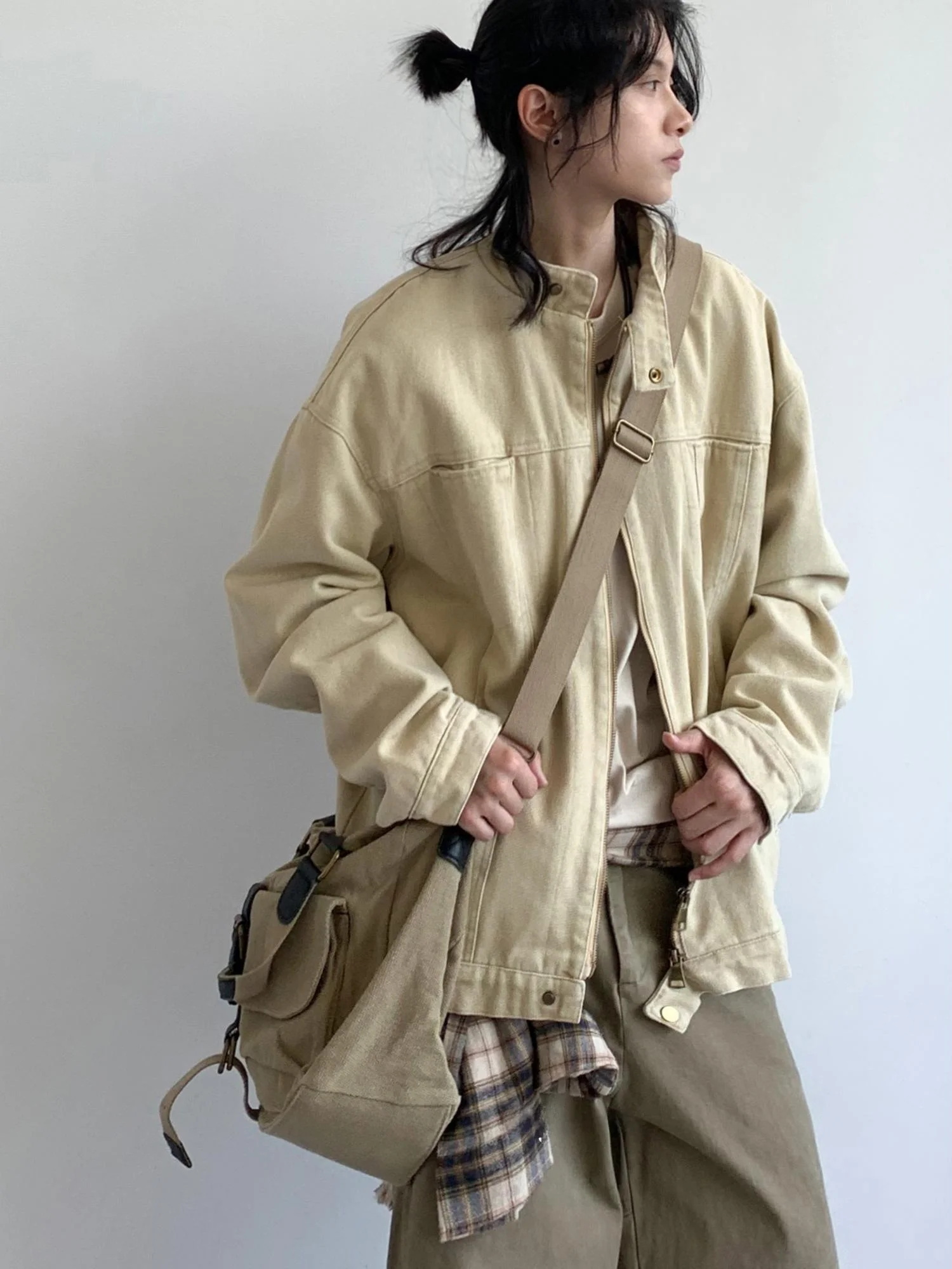 

Retro Japanese Sle Pure Color Workwear Jaet Loose Casual Multi-ket Outerwear for Men And Women Trendy Spring Autumn