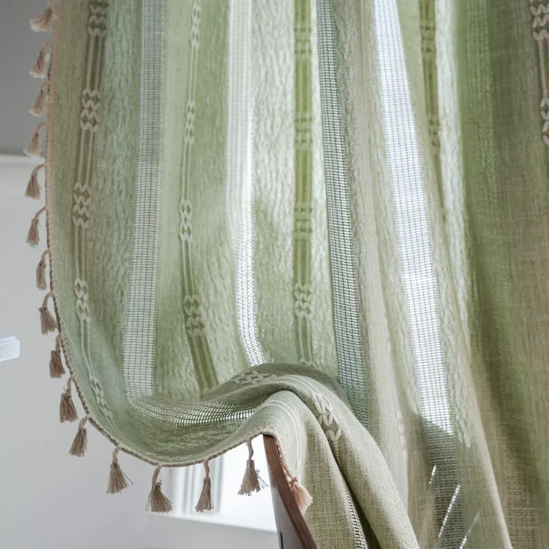 American Style Green Plain Striped Embroidered with Tassel Curtains Semi-shading Hollowed Out Kitchen Living Room Window Valance