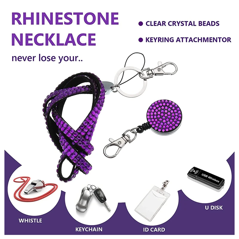 4 Sets Rhinestone Lanyard ID Card Holder Crystal Retractable Badge Reel Rhinestone Neck Lanyard Card Holder